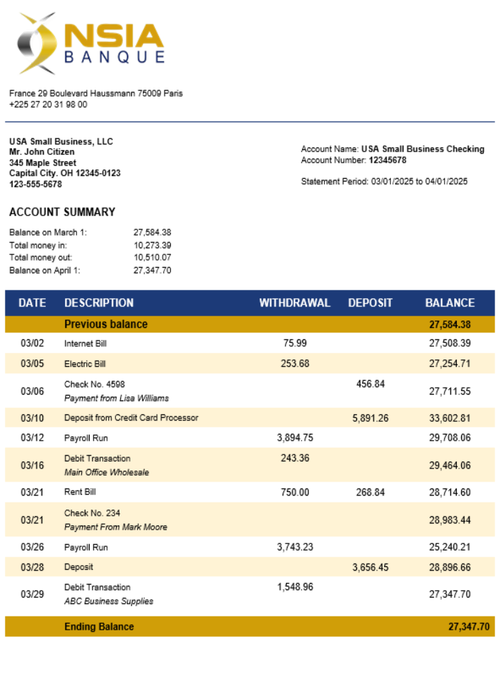 Relevé bancaire professionnel NSIA Banque au format Word et PDF